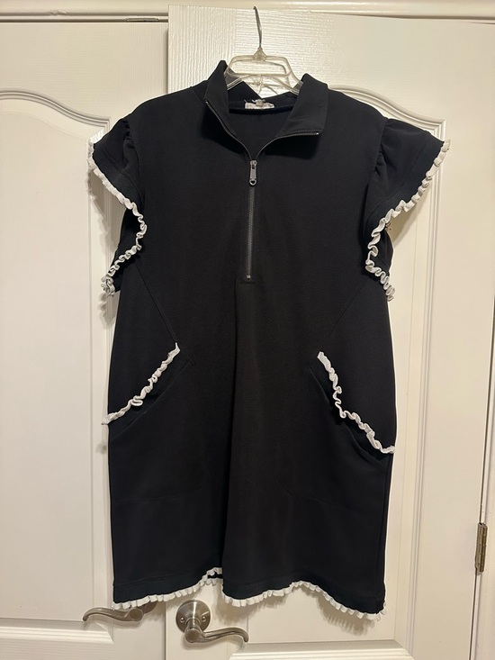 entro Dresses & Skirts - ENTRO Black Dress with White Ruffle Trim - Casual Half-Zip